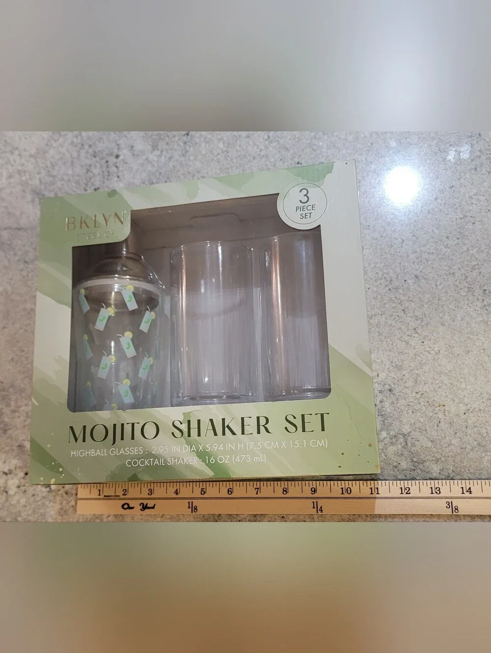 NIB Brooklyn Steel Co Mojito Drink Cocktail Shaker 3Pc Set Home Bar Glass Metal